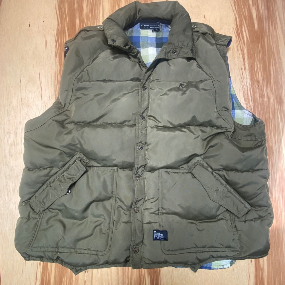 Rocawear Olive Green Puffer Vest 2XL‎ Plaid Flannel Lining Urban Y2K Streetwear